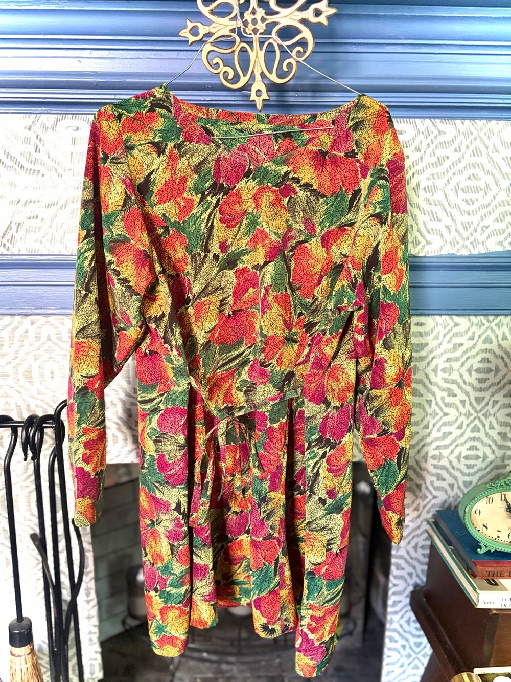 Floral Long-Sleeve V-Neck Dress in Multicolor
